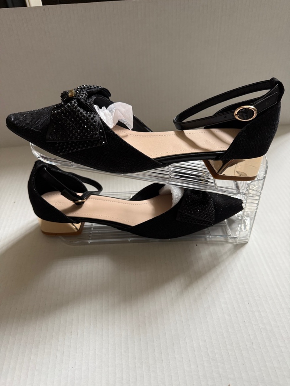 Miu Miu Black Pointed-Toe Ankle-Strap Flats with Crystal Bow